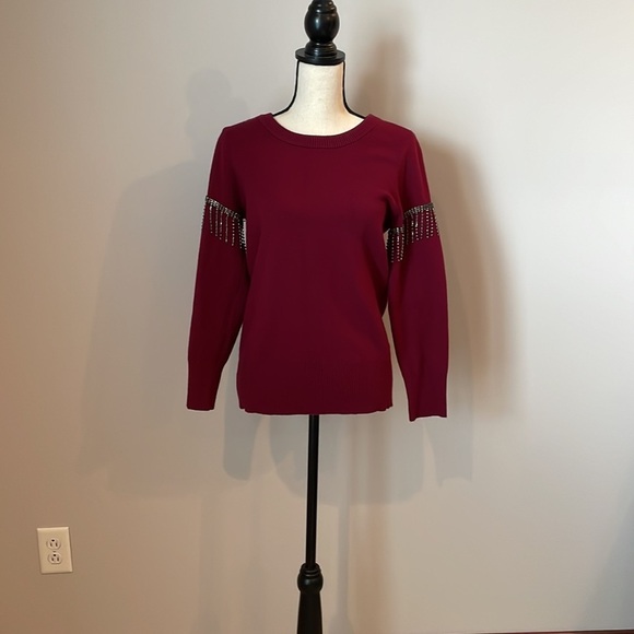 AlFANI Sweater SZ S Soft Scoop Neck Maroon in Color Jewel Accents on Arms - Picture 4 of 13
